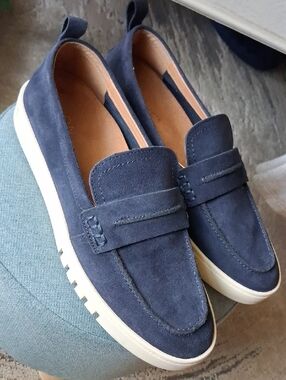 Vionic Navy Suede Slip-On Penny Loafers with Cream Sole